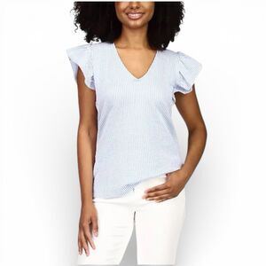 Michael Michael Kors Seersucker Flutter Sleeve Top Blue White Striped Sz Large